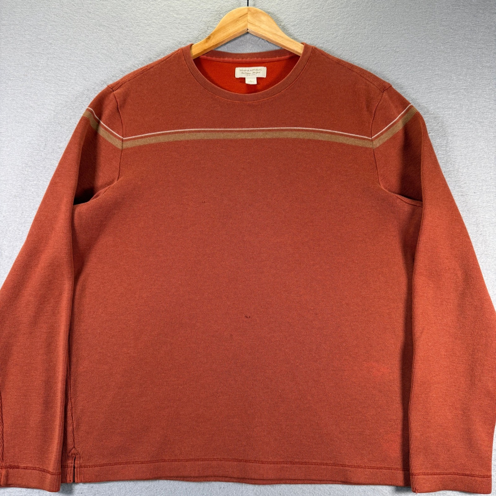 Vintage Banana Republic Mens Long Sleeve Crew Neck Cotton Striped Rust Pullover